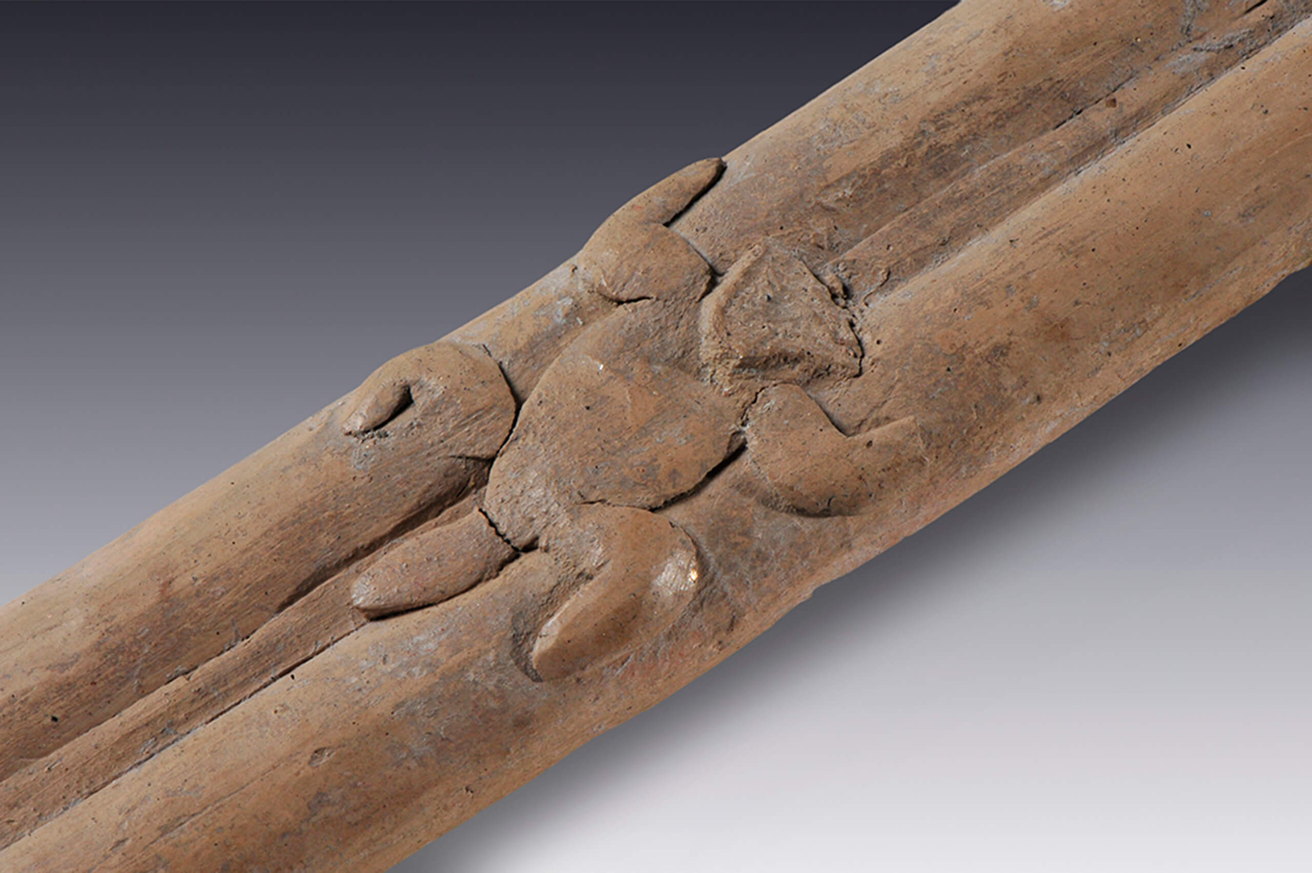 Flauta tubular doble con la efigie de un reptil | El México antiguo. Salas de Arte Prehispánico | Museo Amparo, Puebla