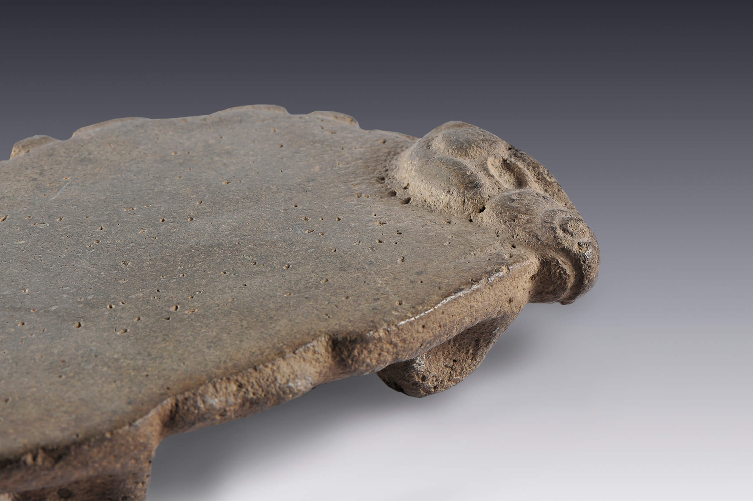 Metate con la efigie de una cabeza de animal | El México antiguo. Salas de Arte Prehispánico | Museo Amparo, Puebla