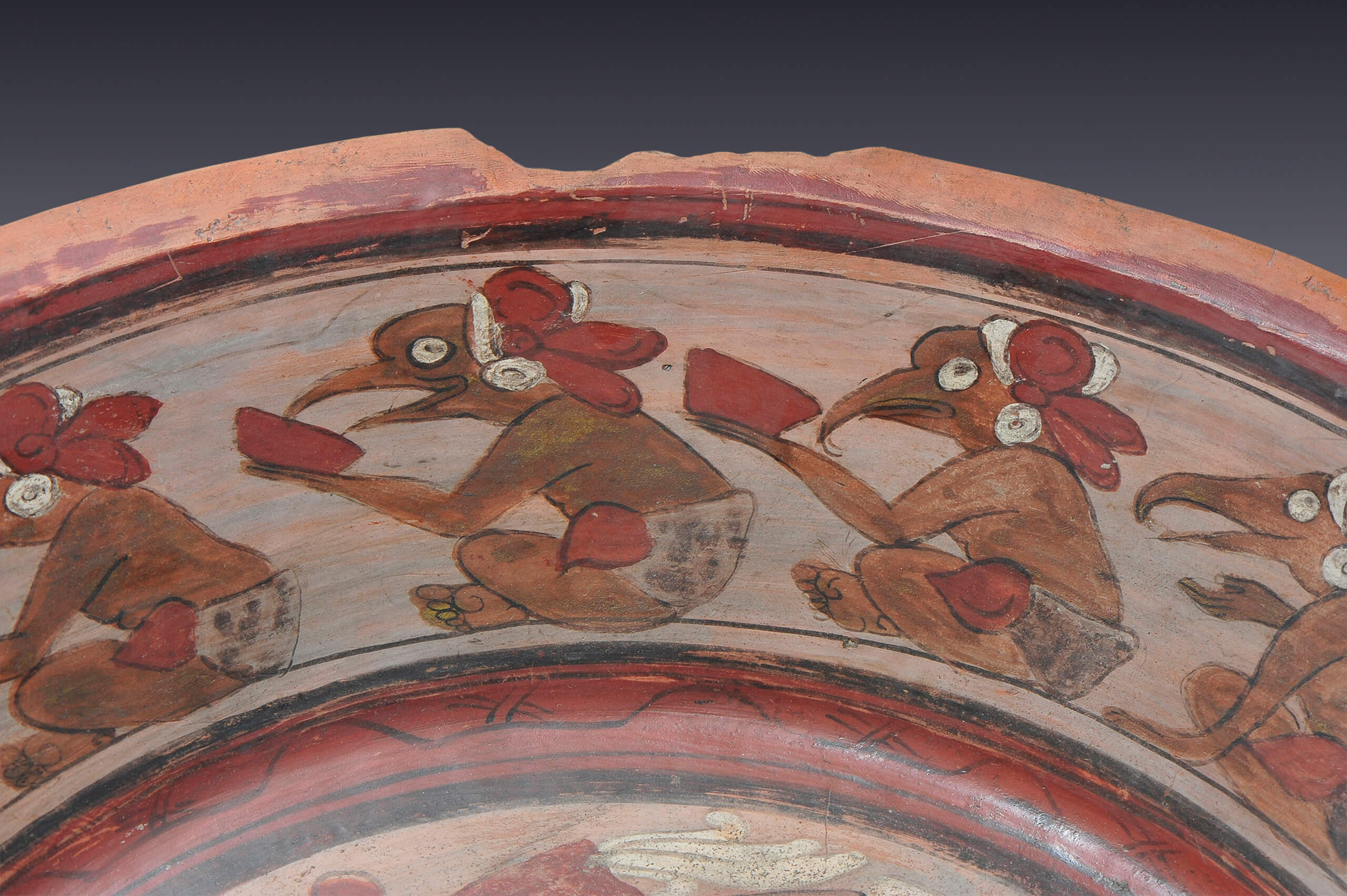 Plato con sacerdote y aves en el borde | El México antiguo. Salas de Arte Prehispánico | Museo Amparo, Puebla