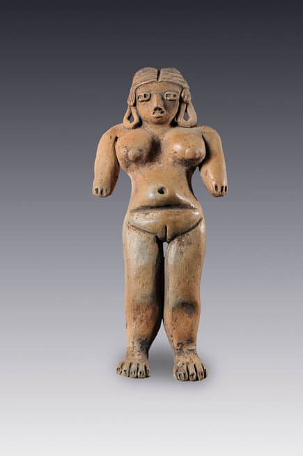 Mujer de pie con grandes senos, pliegue del vientre y sexo marcados