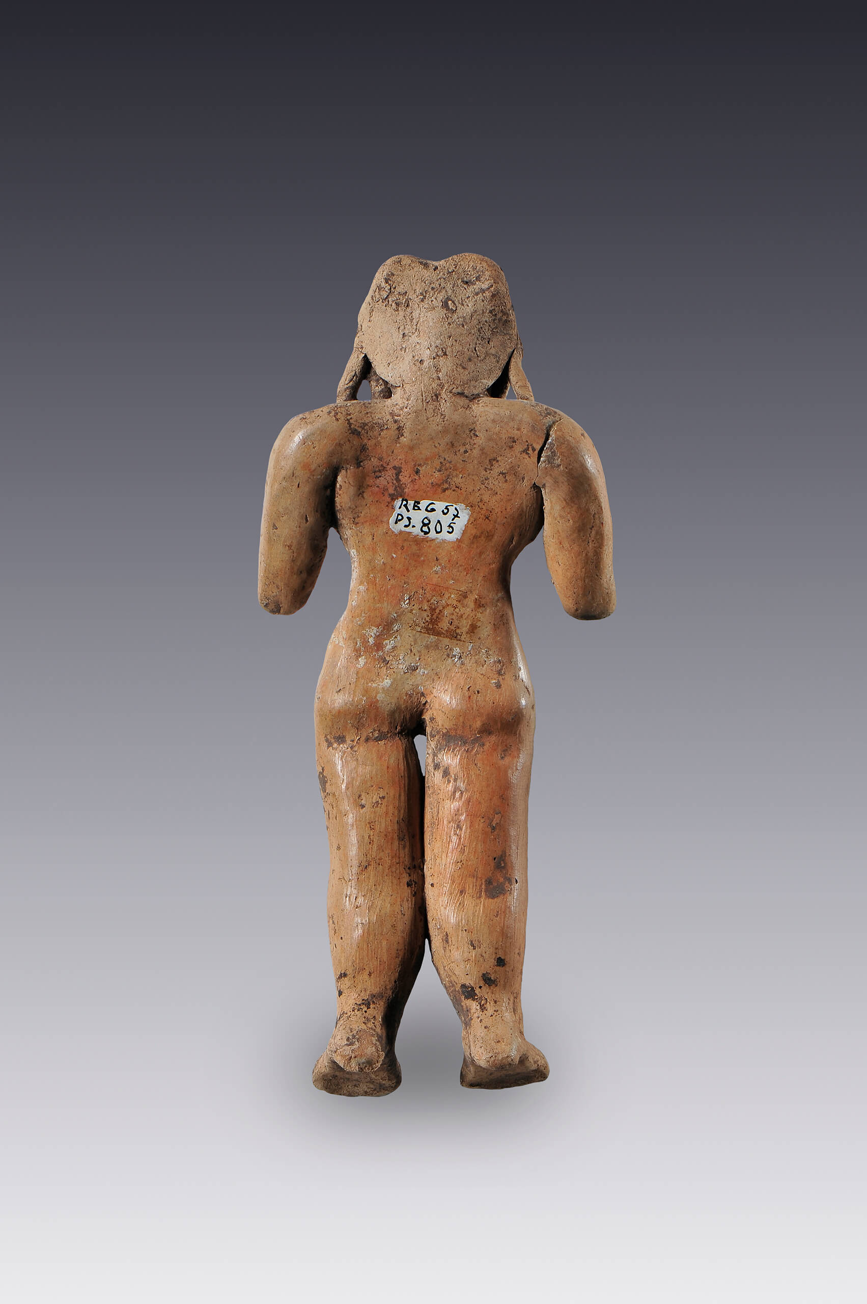 Mujer de pie con grandes senos, pliegue del vientre y sexo marcados | El México antiguo. Salas de Arte Prehispánico | Museo Amparo, Puebla