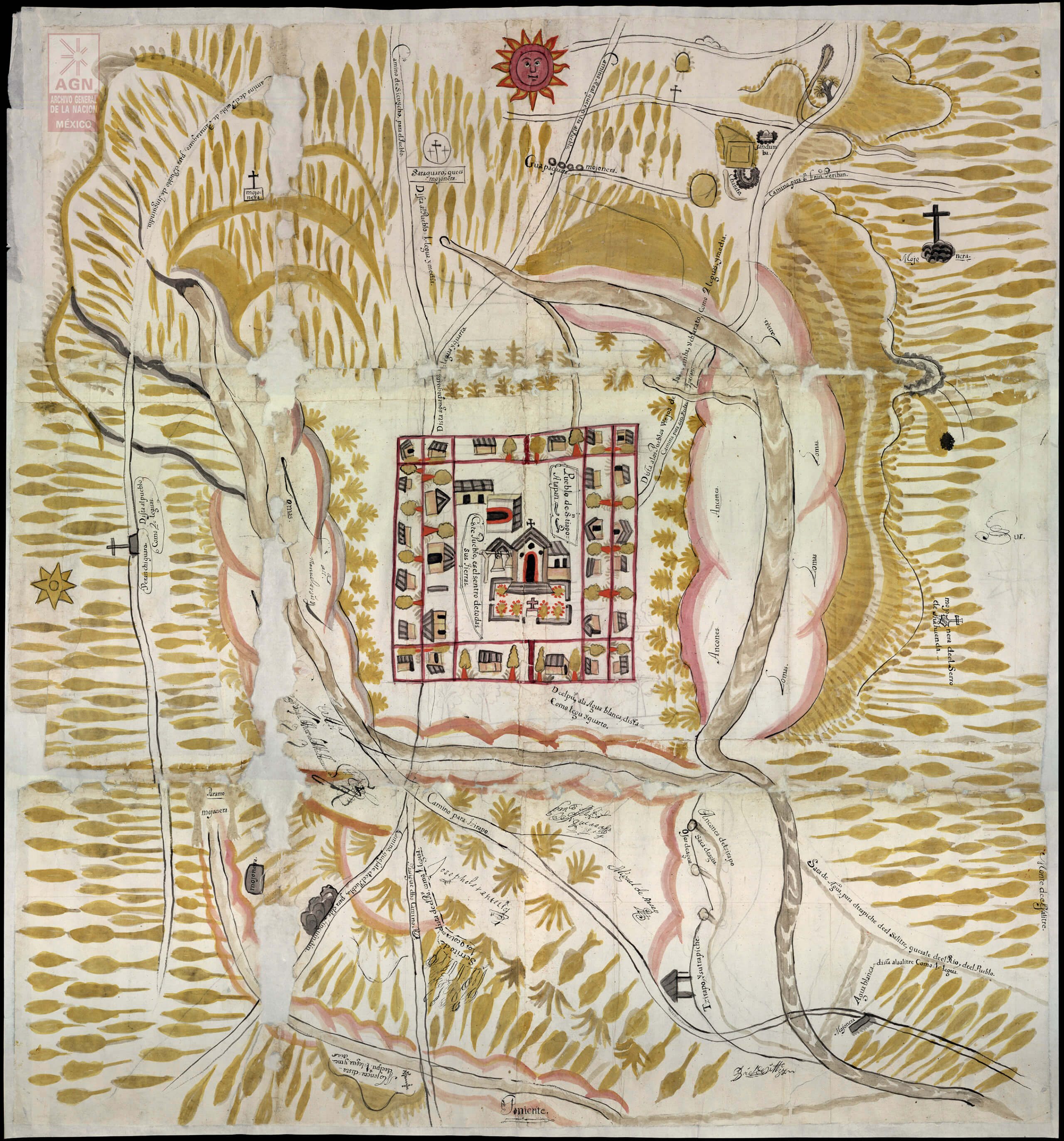 Mapa de Santiago Atapan, Tingüindín, Michoacán | In Tlilli in Tlapalli. Imágenes de la nueva tierra: identidad indígena después de la conquista | Museo Amparo, Puebla