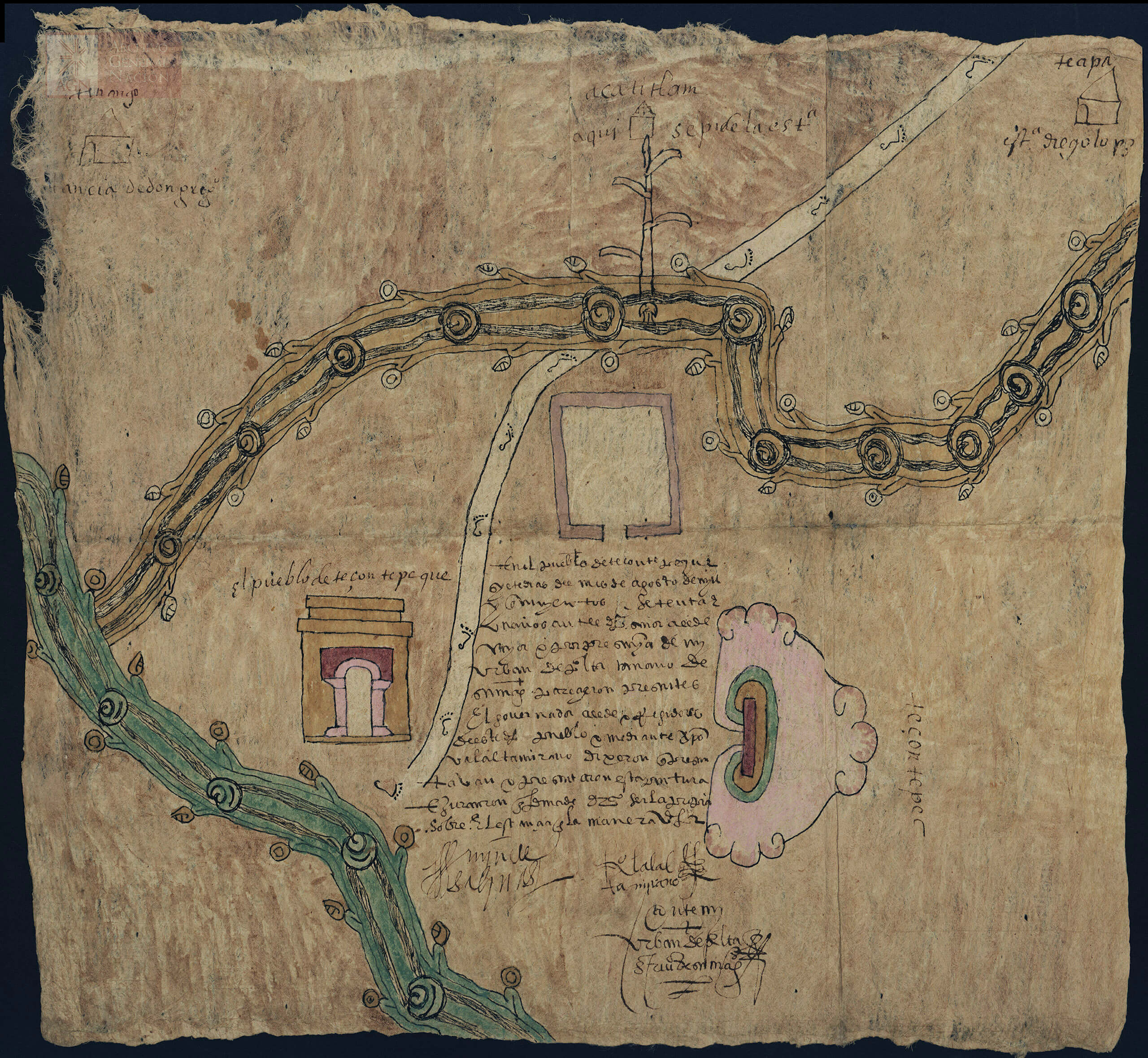 Mapa de Tezontepec, Hidalgo | In Tlilli in Tlapalli. Imágenes de la nueva tierra: identidad indígena después de la conquista | Museo Amparo, Puebla