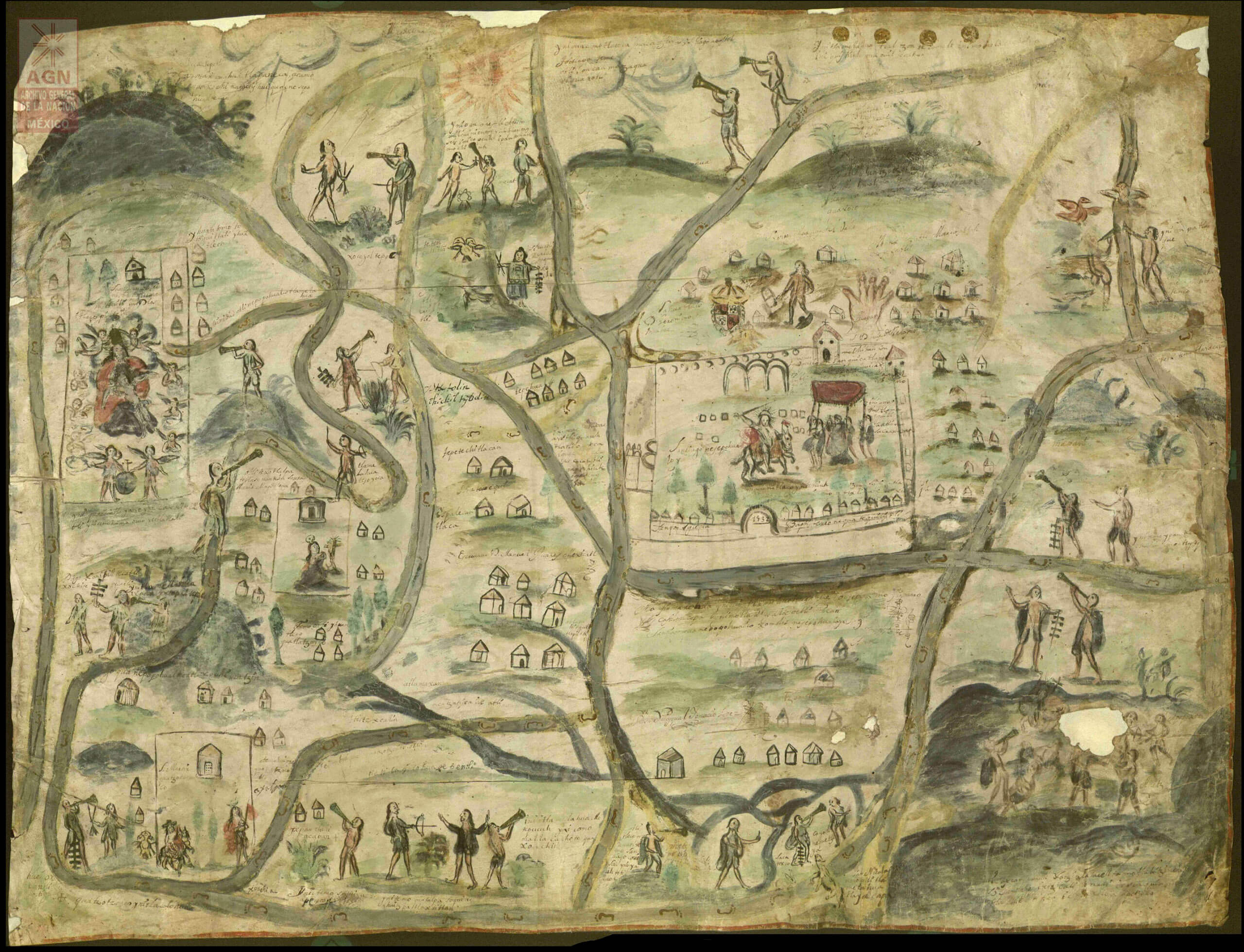 Mapa de Santiago Quanepopohualco Xomolco Nesepohualoya | In Tlilli in Tlapalli. Imágenes de la nueva tierra: identidad indígena después de la conquista | Museo Amparo, Puebla