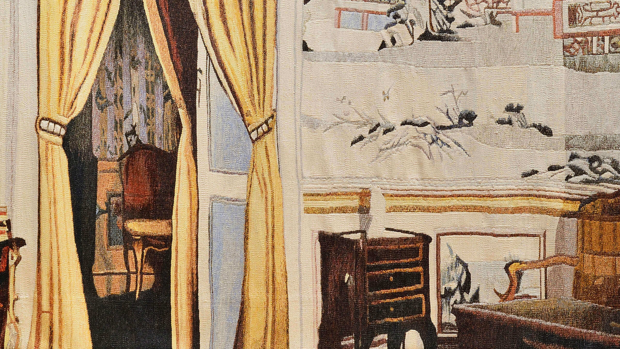 Interior con tapiz chinesco | Nacido en casa. Devenires y porvenires del oficio de la tapicería alto liso en Jalisco, 1968-2018 | Museo Amparo, Puebla