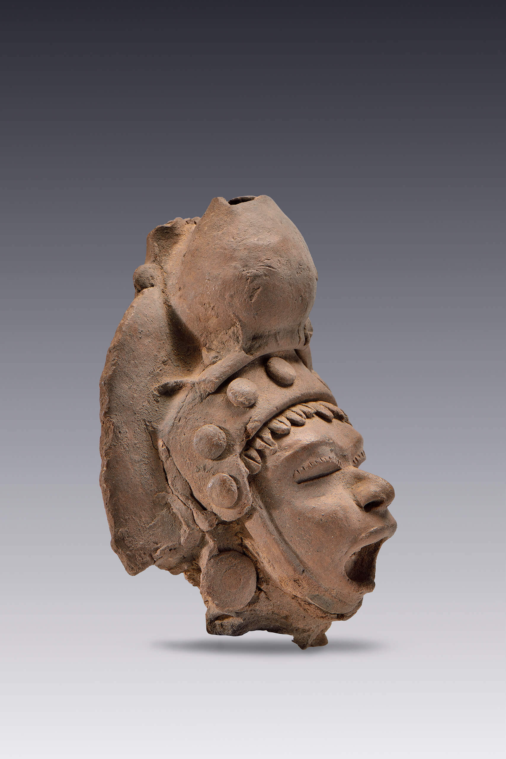 Cabeza antropomorfa con representación de Xipe-Tótec | El tiempo en las cosas II. Salas de Arte Contemporáneo | Museo Amparo, Puebla