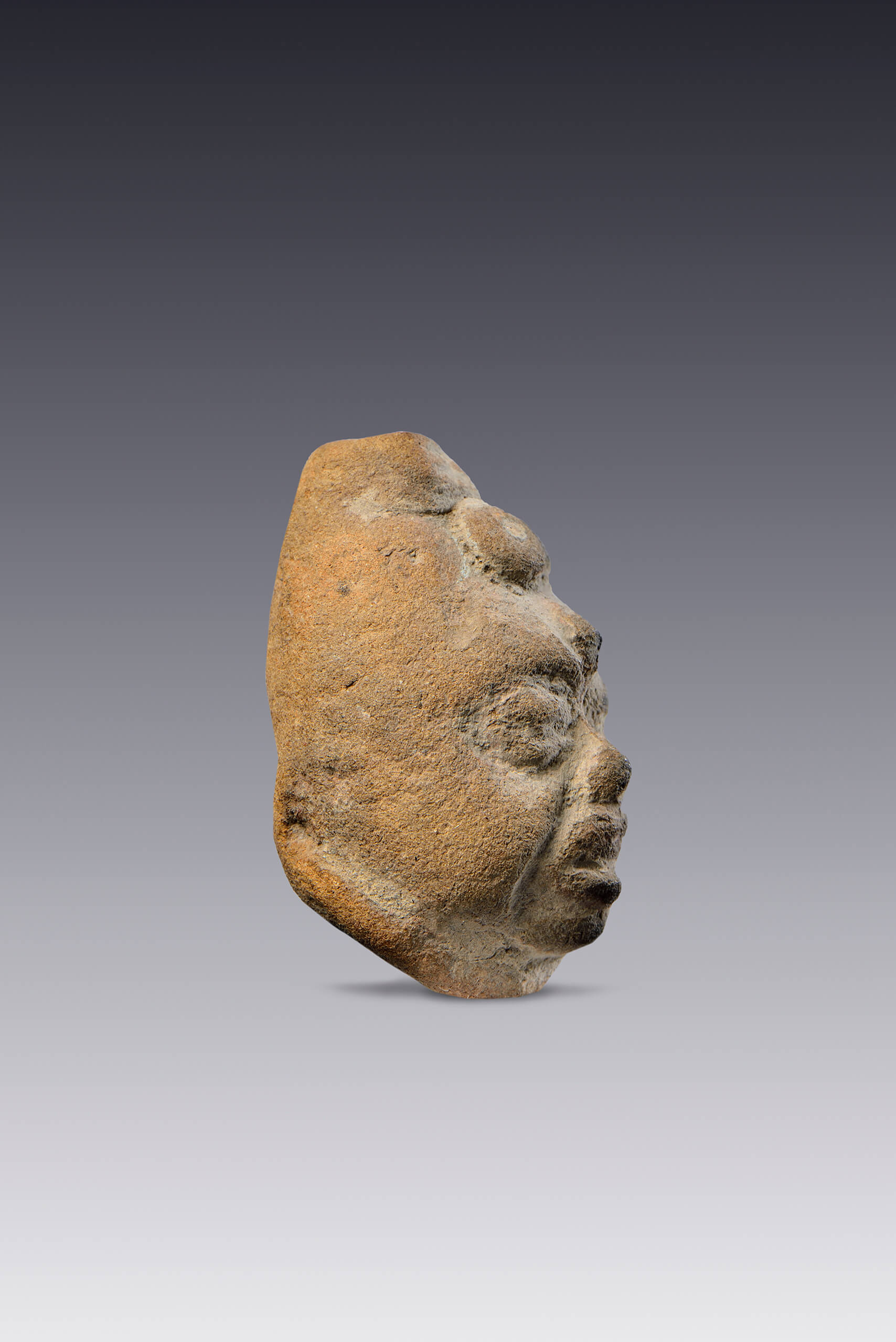 Cabeza antropomorfa de barro, posiblemente de un enano | El México antiguo. Salas de Arte Prehispánico | Museo Amparo, Puebla