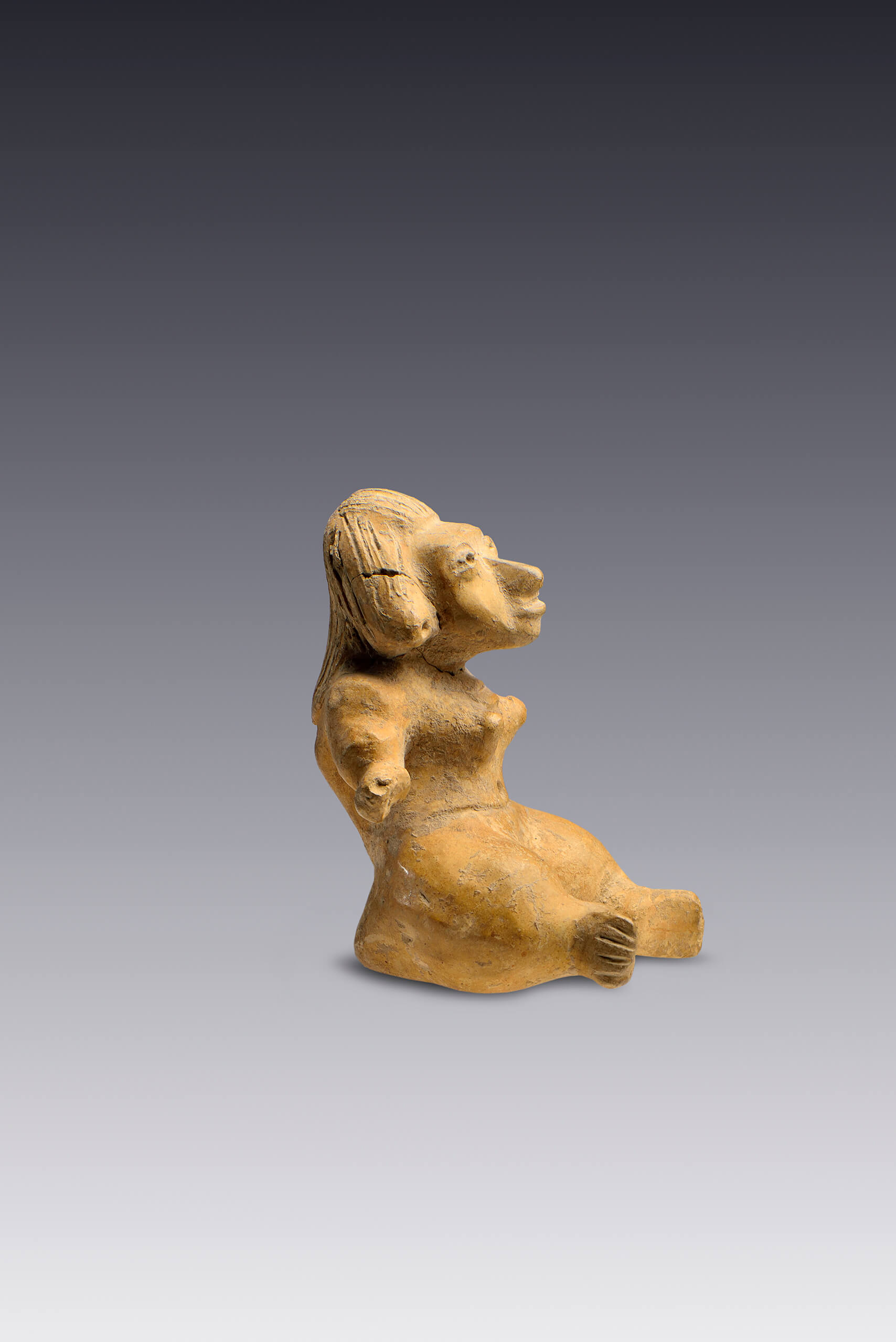 Figura de una mujer jorobada sentada en una probable postura ritual | El México antiguo. Salas de Arte Prehispánico | Museo Amparo, Puebla