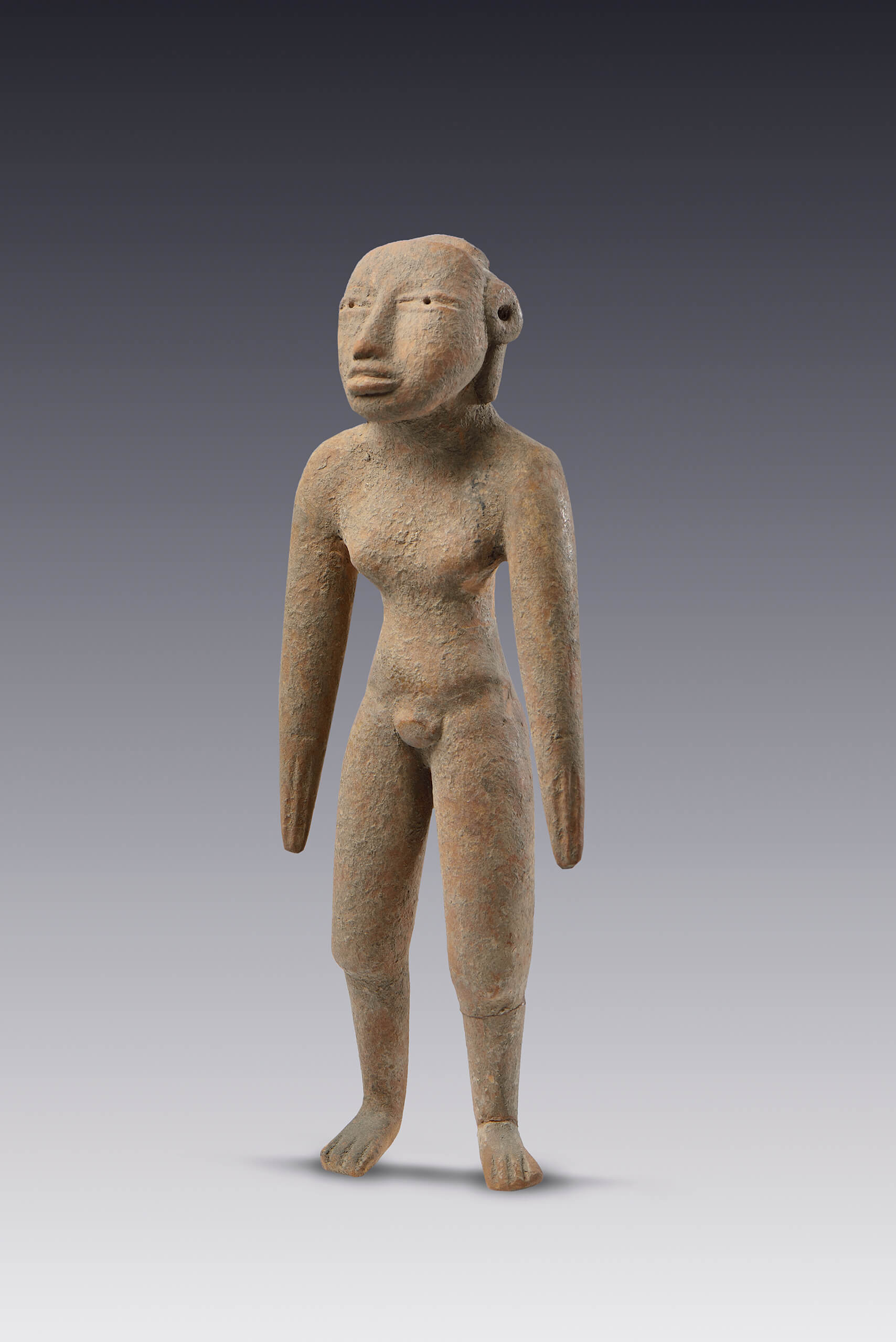 Figurilla de una joven desnuda, parada, y con brazos cónicos y arreglo de pelo ausente | El México antiguo. Salas de Arte Prehispánico | Museo Amparo, Puebla