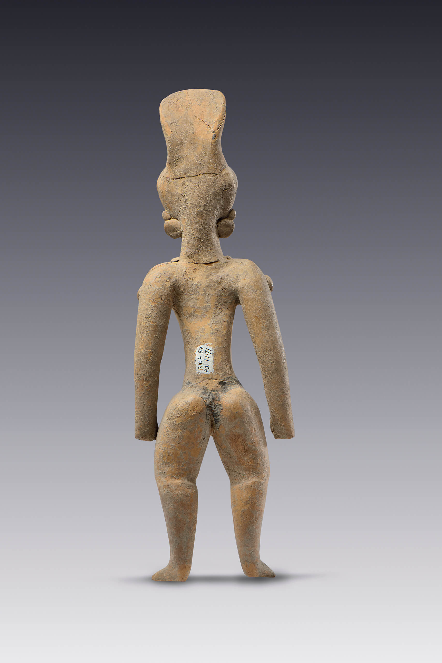 Figura femenina con escarificación en los hombros y un casco o penacho que consiste en un elemento zoomórfico | El México antiguo. Salas de Arte Prehispánico | Museo Amparo, Puebla