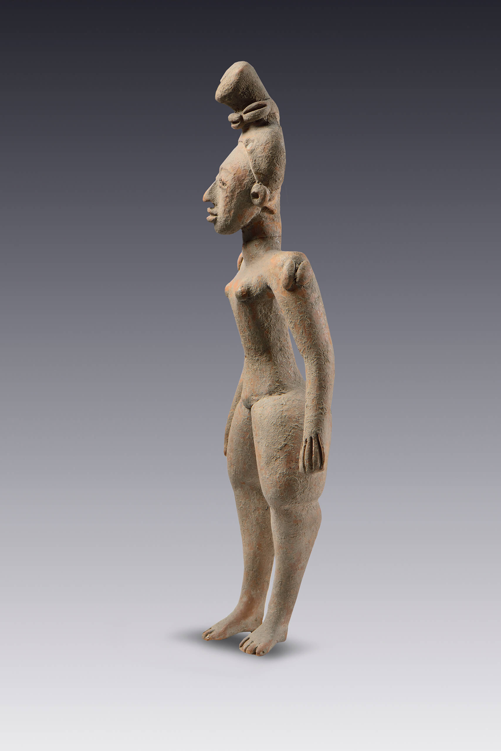 Figurilla de mujer desnuda con escarificación en los hombros y con gran chongo sobre la cabeza  | El México antiguo. Salas de Arte Prehispánico | Museo Amparo, Puebla