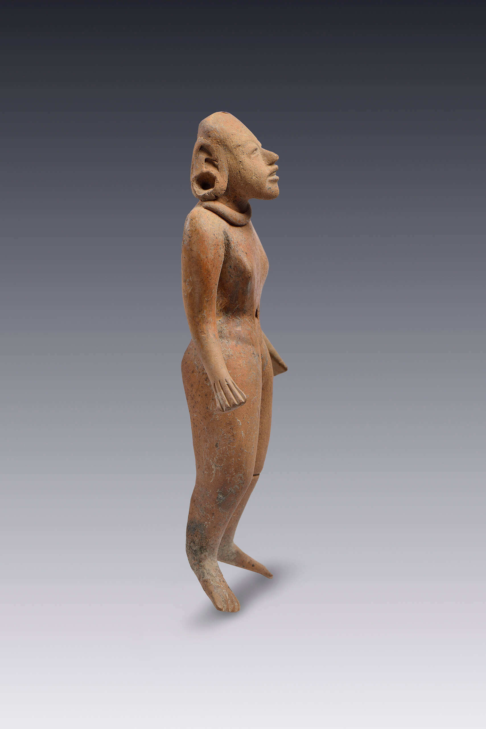 Figurilla femenina pequeña sin penacho o tocado y con vista hacia arriba | El México antiguo. Salas de Arte Prehispánico | Museo Amparo, Puebla