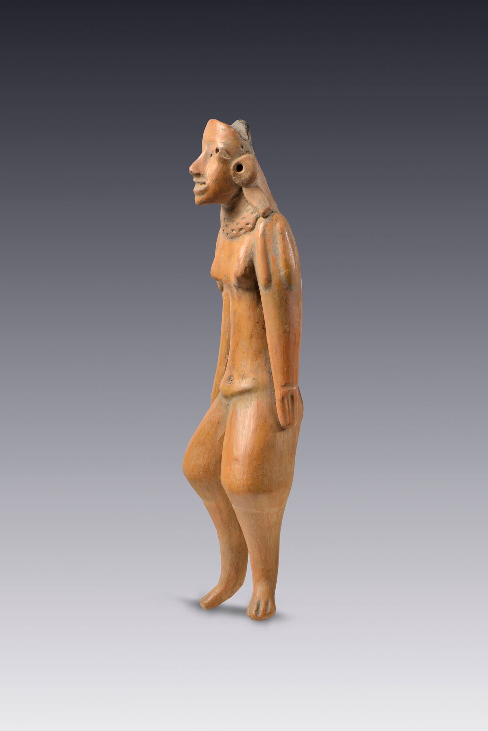 Figura pulida de una mujer desnuda con collar ancha sosteniendo colgantes | El México antiguo. Salas de Arte Prehispánico | Museo Amparo, Puebla