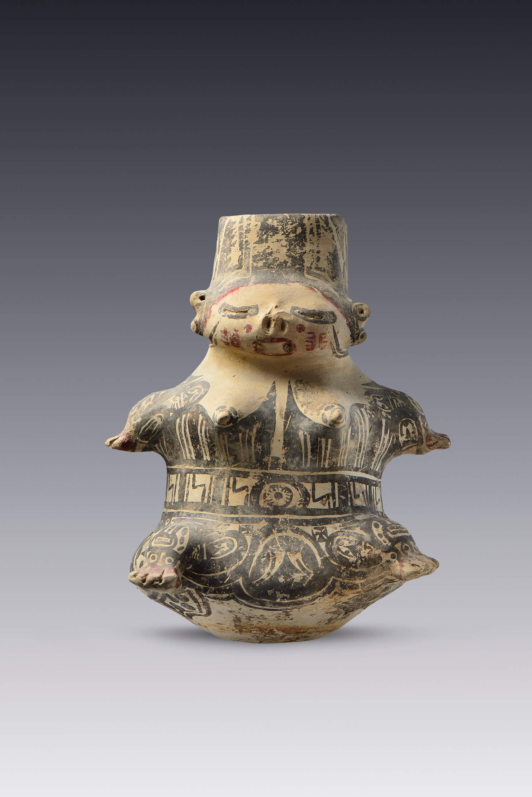 Olla negro-sobre-blanco de vertedera con soporte y con efigie de diosa | El México antiguo. Salas de Arte Prehispánico | Museo Amparo, Puebla