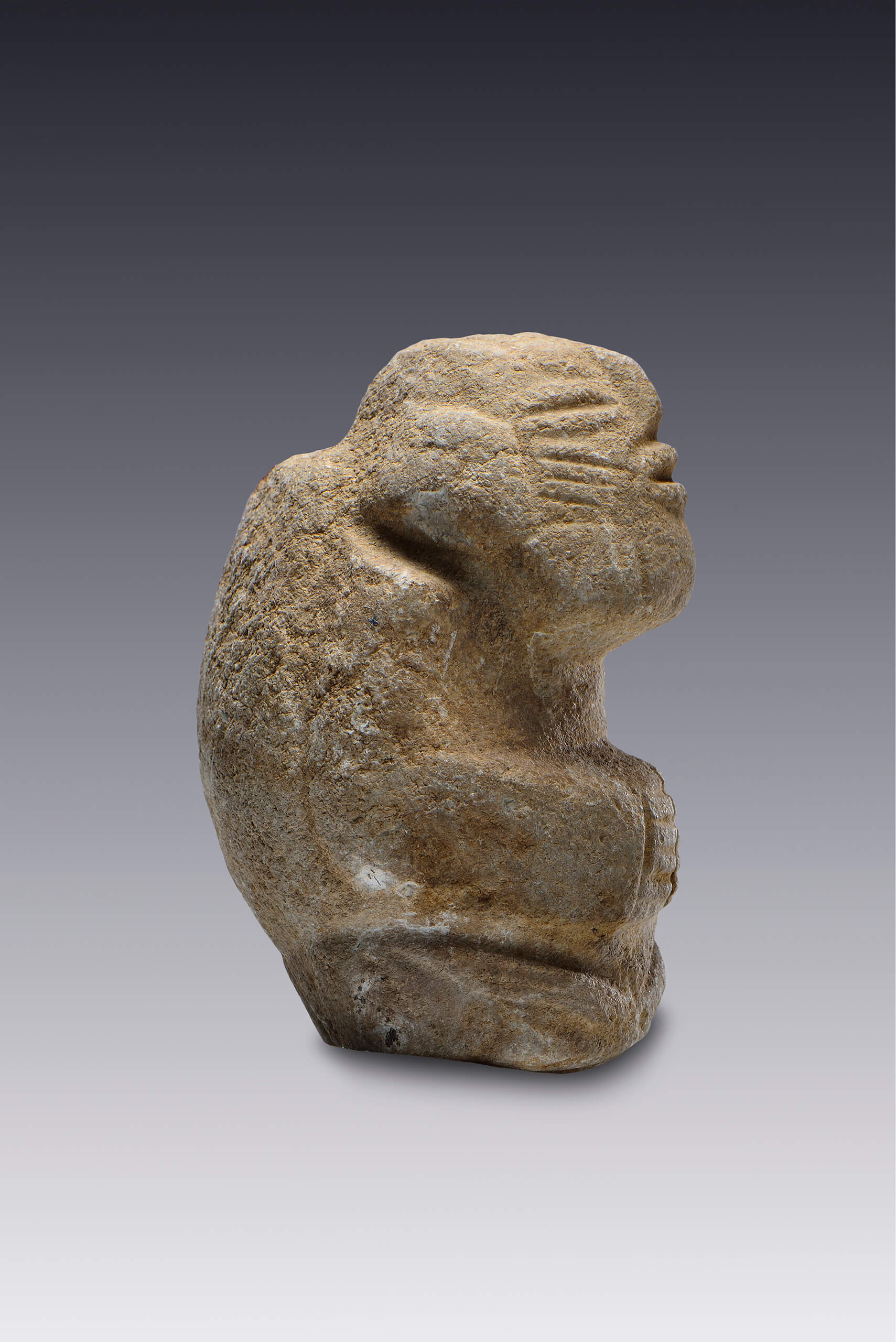 Personaje antropomorfo sentado y jorobado | El México antiguo. Salas de Arte Prehispánico | Museo Amparo, Puebla