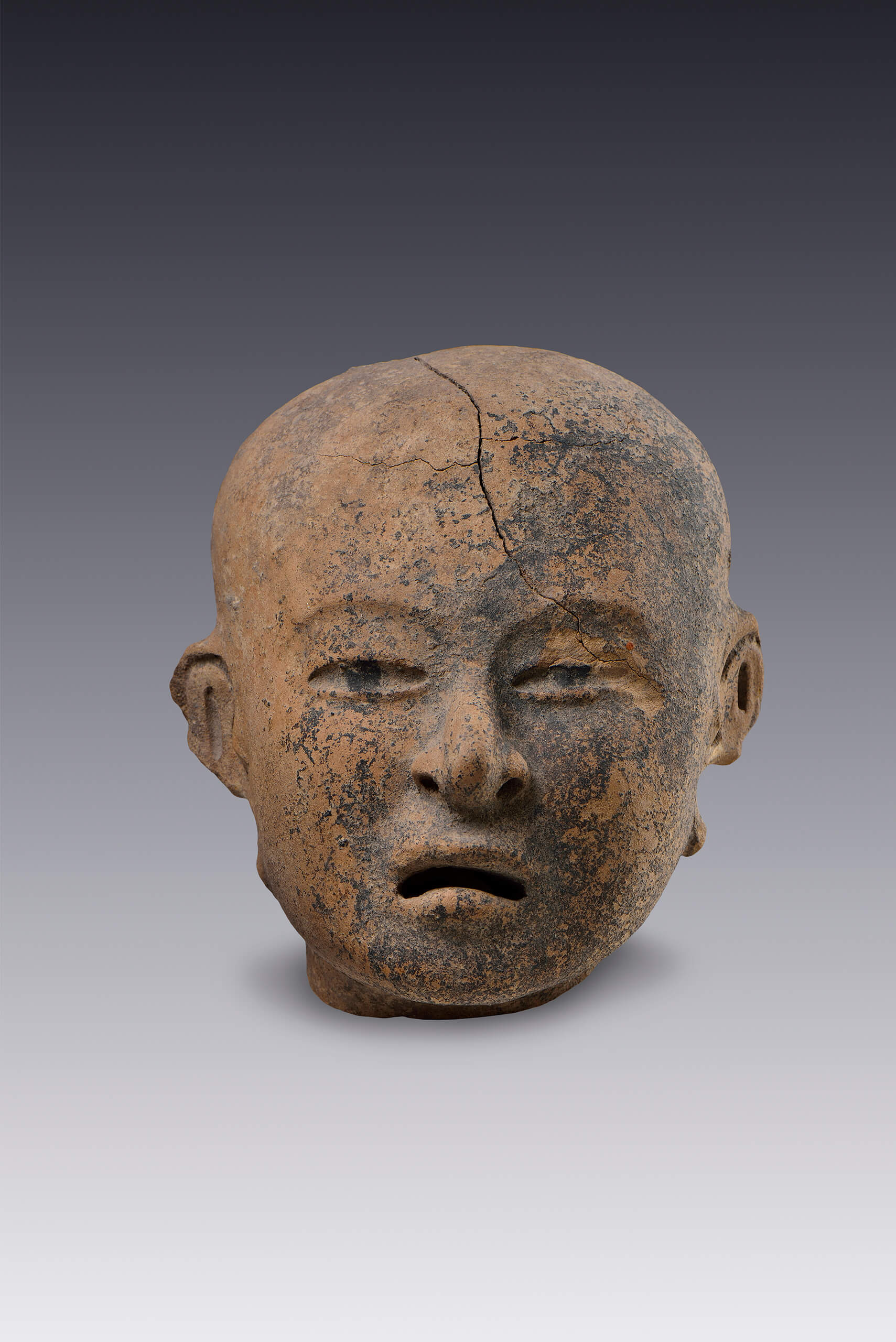 Cabeza, fragmento de escultura antropomorfa de barro | El México antiguo. Salas de Arte Prehispánico | Museo Amparo, Puebla